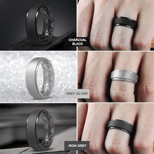 Egnaro Men's Silicone Wedding Band 8.5mm Wide (Size 9.5-10) | Hypoallergenic Breathable Inner Arc thumbnail 4