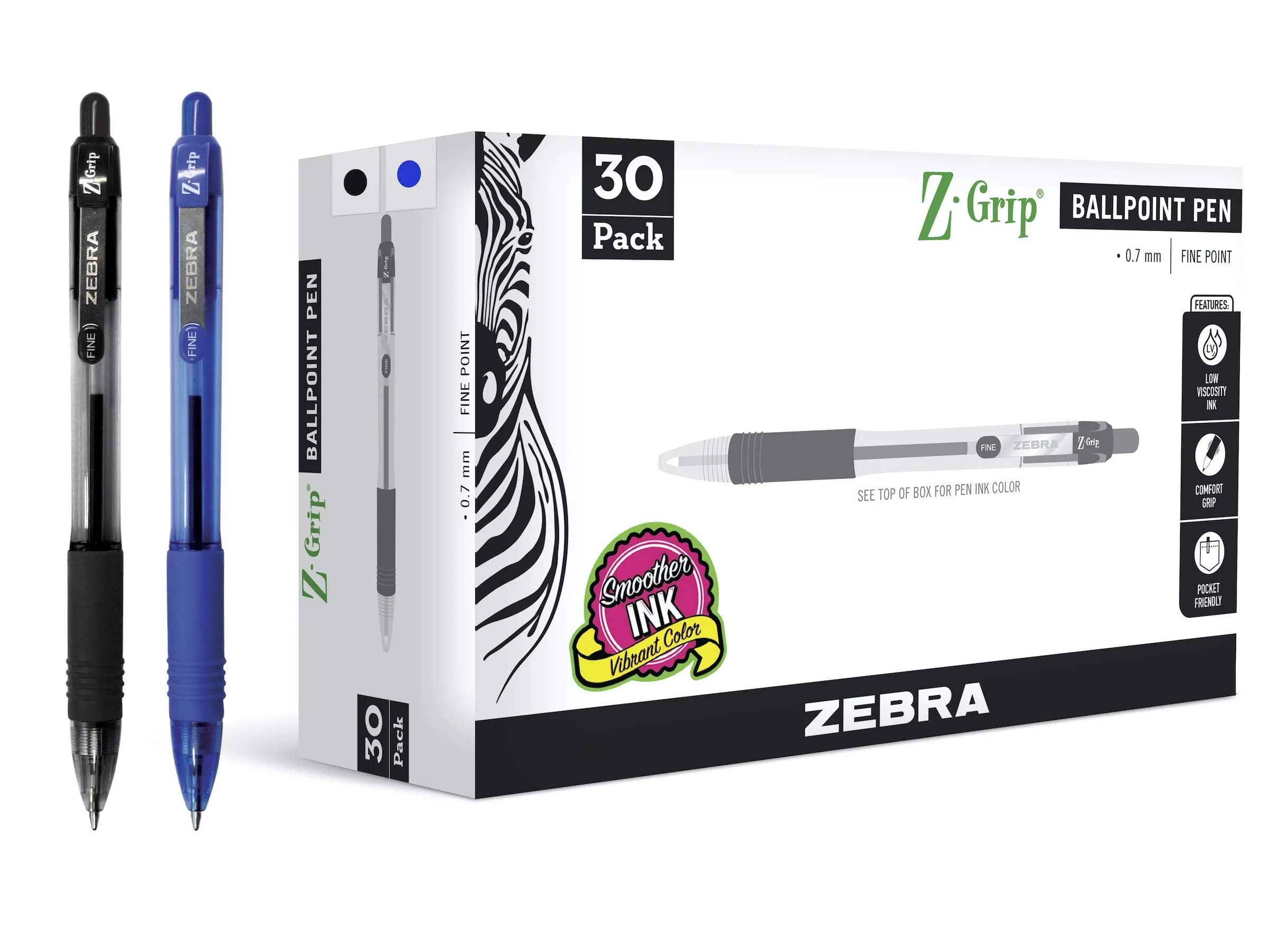 Zebra Pen Z-Grip Retractable Ballpoint Pens, Black Ink, 0.7mm Fine Point, 12-Pack | Smooth Writing for Students & Office — Black/Blue A