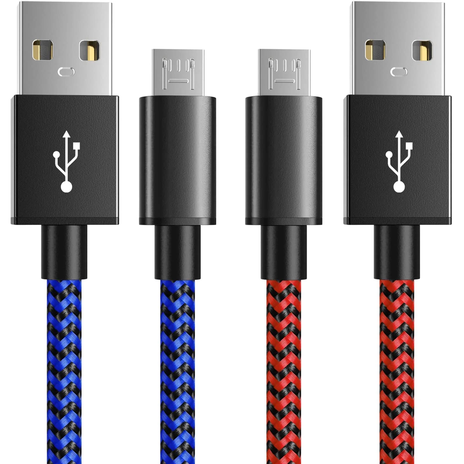 6amLifestyle Red 2 Pack 10ft USB to Micro USB Charging Cable | Braided Nylon Cord for PS4 Controllers — Blue-Red
