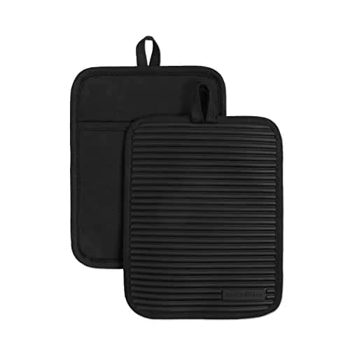 KitchenAid Ribbed Soft Silicone Pot Holder 2-Pack Set, Matte Black, 18cm x 23cm (7"x9") | Heat Resistant Up to 500°F thumbnail 1