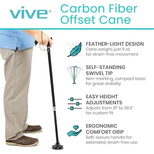 Vive Carbon Fiber Standing Cane - Heavy Duty Walking Stick for Men & Women | Self-Standing, Adjustable, Lightweight thumbnail 2
