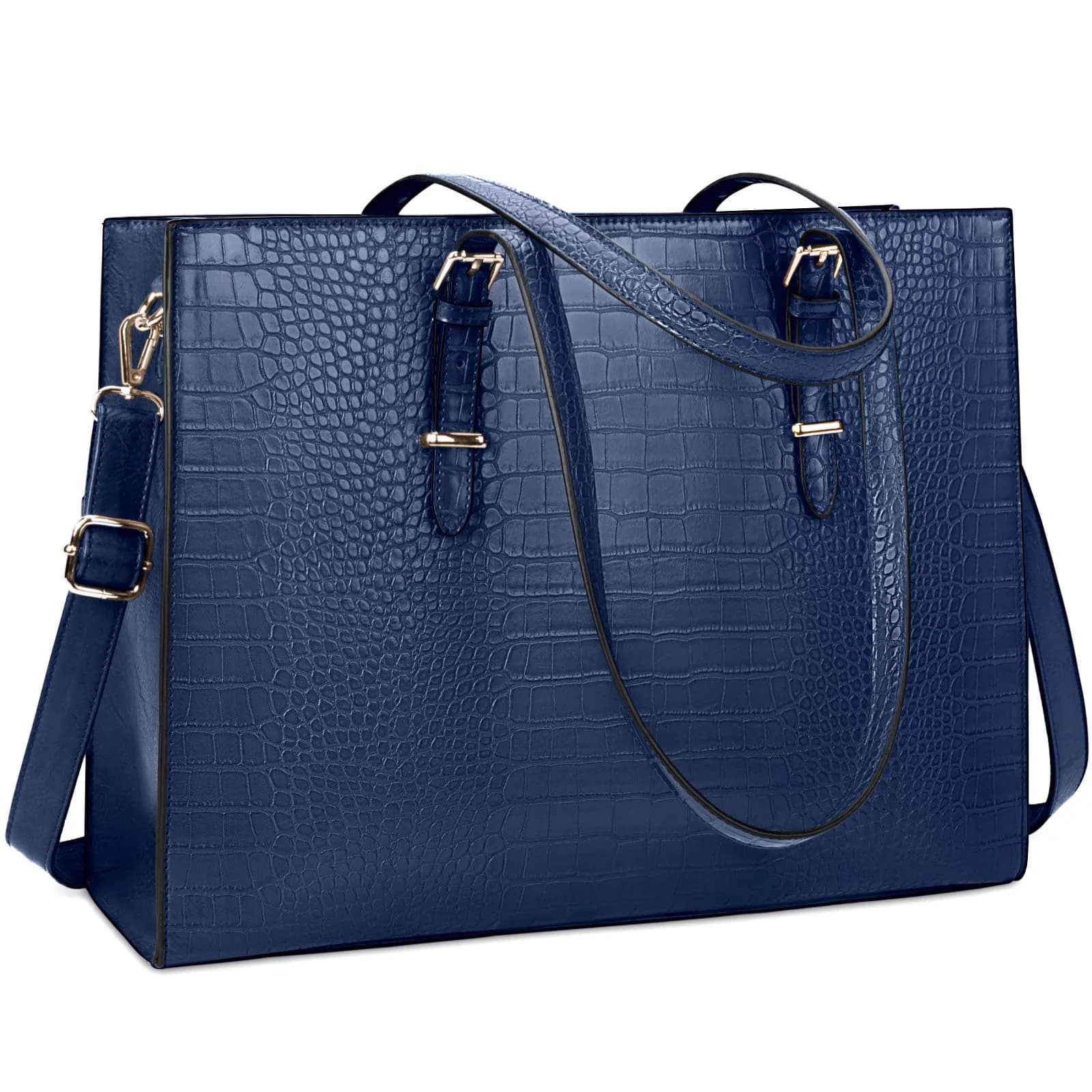 Lubardy Black Crocodile Leather Tote Bag for Women 15.6 Inch | Water-Resistant Work Briefcase — Blue