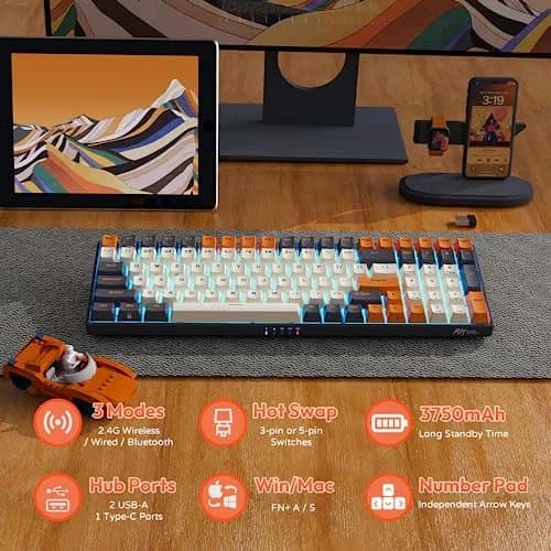 RK ROYAL KLUDGE RK100 Wireless Mechanical Keyboard RGB Backlit Bluetooth5.1/2.4G/Wired 96% Full Size 100-Key Hot Swappable Brown Switch Carbon | Gaming Keyboard with Custom RGB thumbnail 5