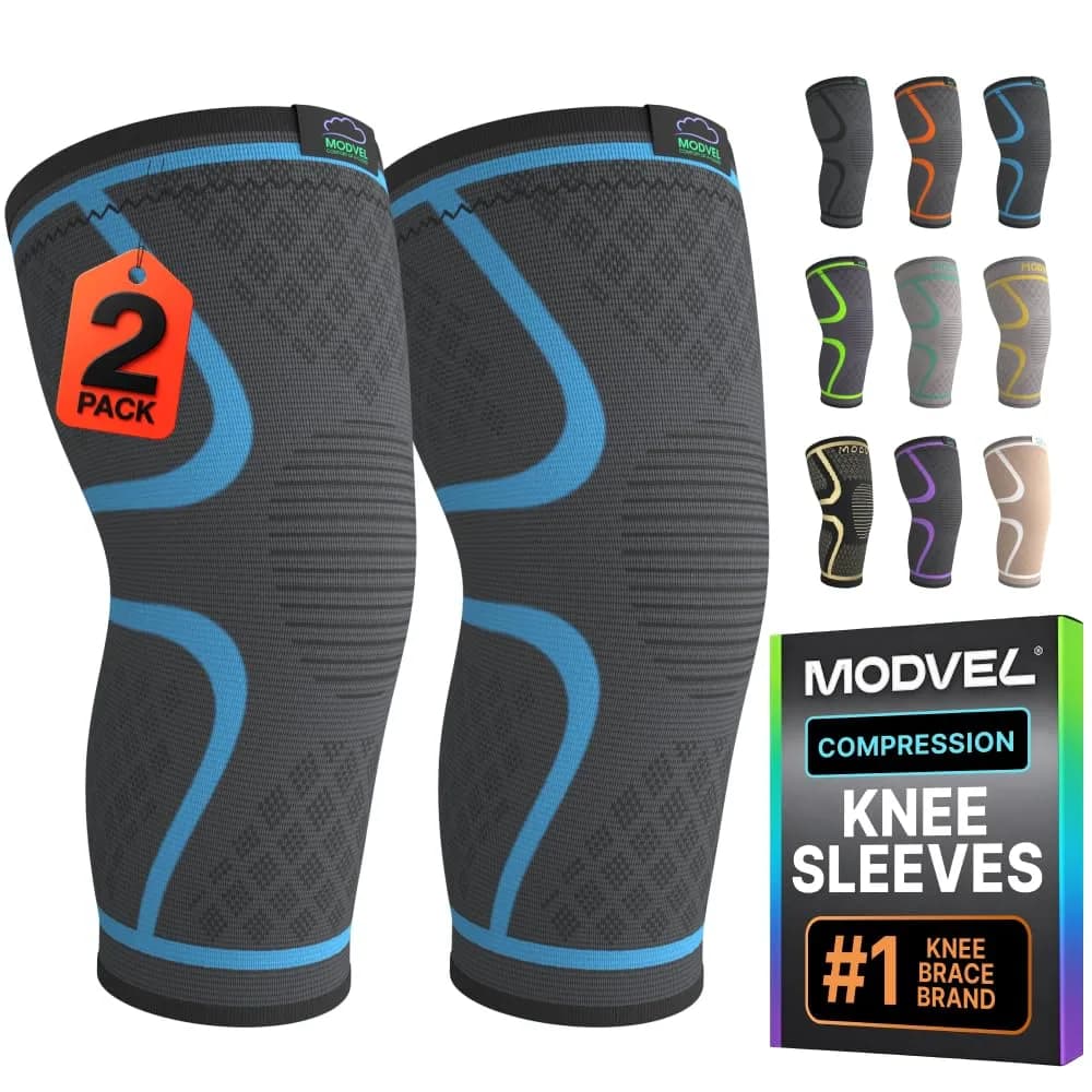 Modvel Compression Knee Brace for Women & Men - 2 Pack | Support for Knee Pain, Arthritis & Meniscus Tear (Size Large, Blue)