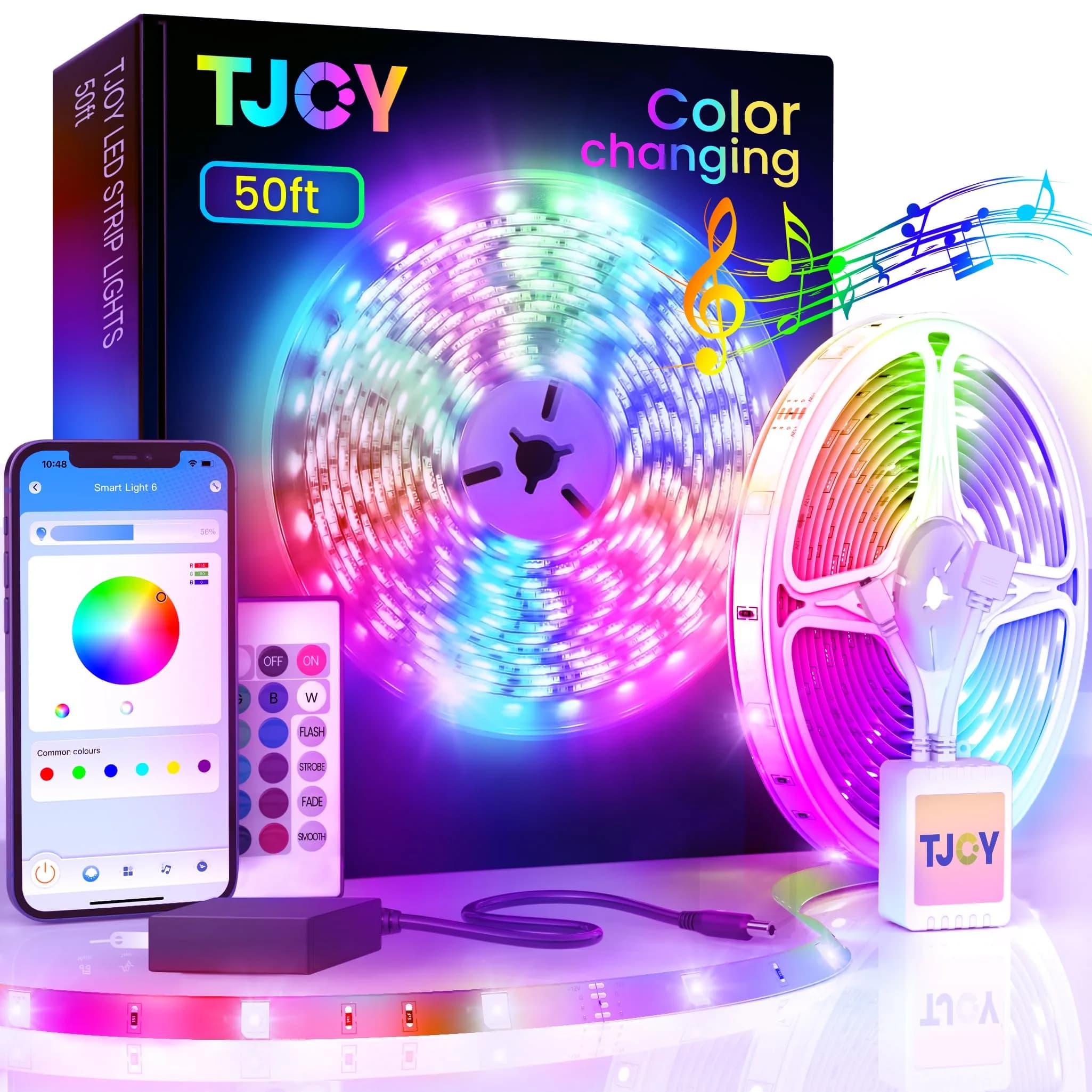 TJOY 130ft Bluetooth LED Strip Lights | RGB Color Changing, Music Sync, App Control, Indoor Use — 50 ft