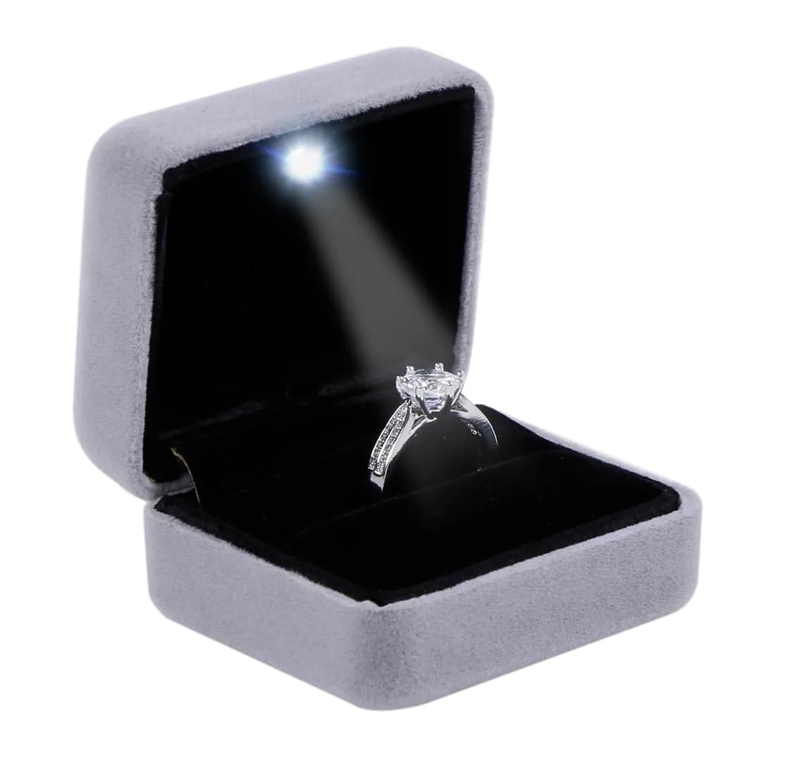 Omeet LED Velvet Ring Box for Proposal, Engagement, Wedding, Slim - Black | Compact Jewelry Storage Case with Built-in Light — Grey