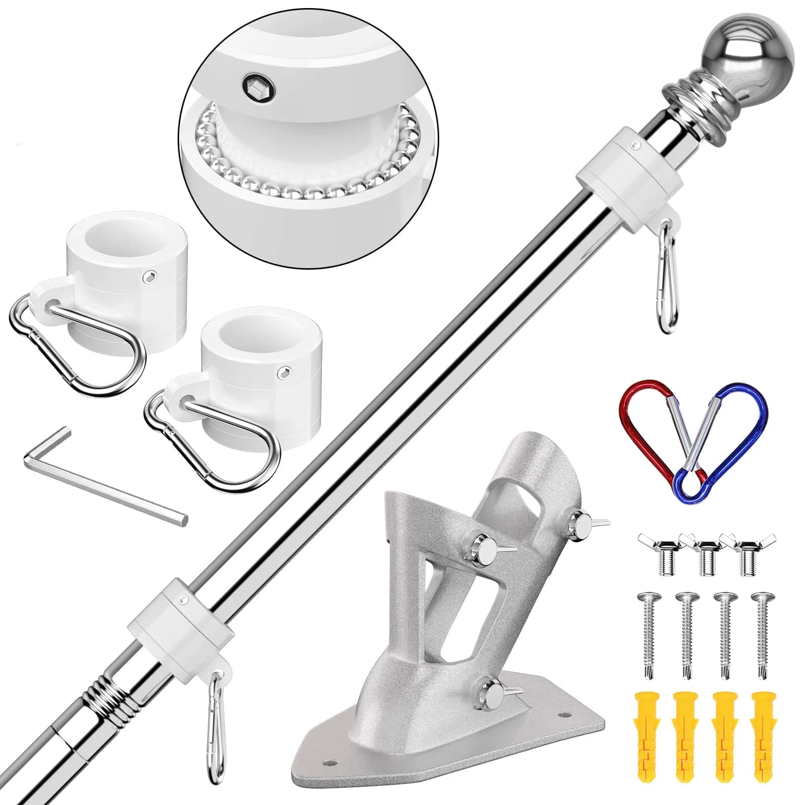 ZMTECH 6 FT Stainless Steel Flag Pole Kit with Upgraded Bracket & Tangle Free Rings | Adjustable Residential & Commercial Use