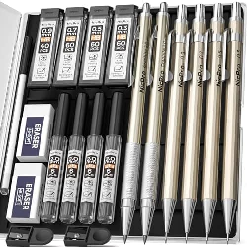 Nicpro 6PCS Metal Mechanical Pencil Set, Full Copper Drafting Pencil 0.3, 0.5, 0.7, 0.9 mm & 2PCS 2mm Graphite Lead Holder for Art Sketching Drawing thumbnail 1
