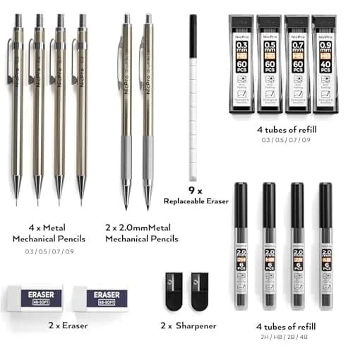 Nicpro 6PCS Metal Mechanical Pencil Set, Full Copper Drafting Pencil 0.3, 0.5, 0.7, 0.9 mm & 2PCS 2mm Graphite Lead Holder for Art Sketching Drawing thumbnail 6