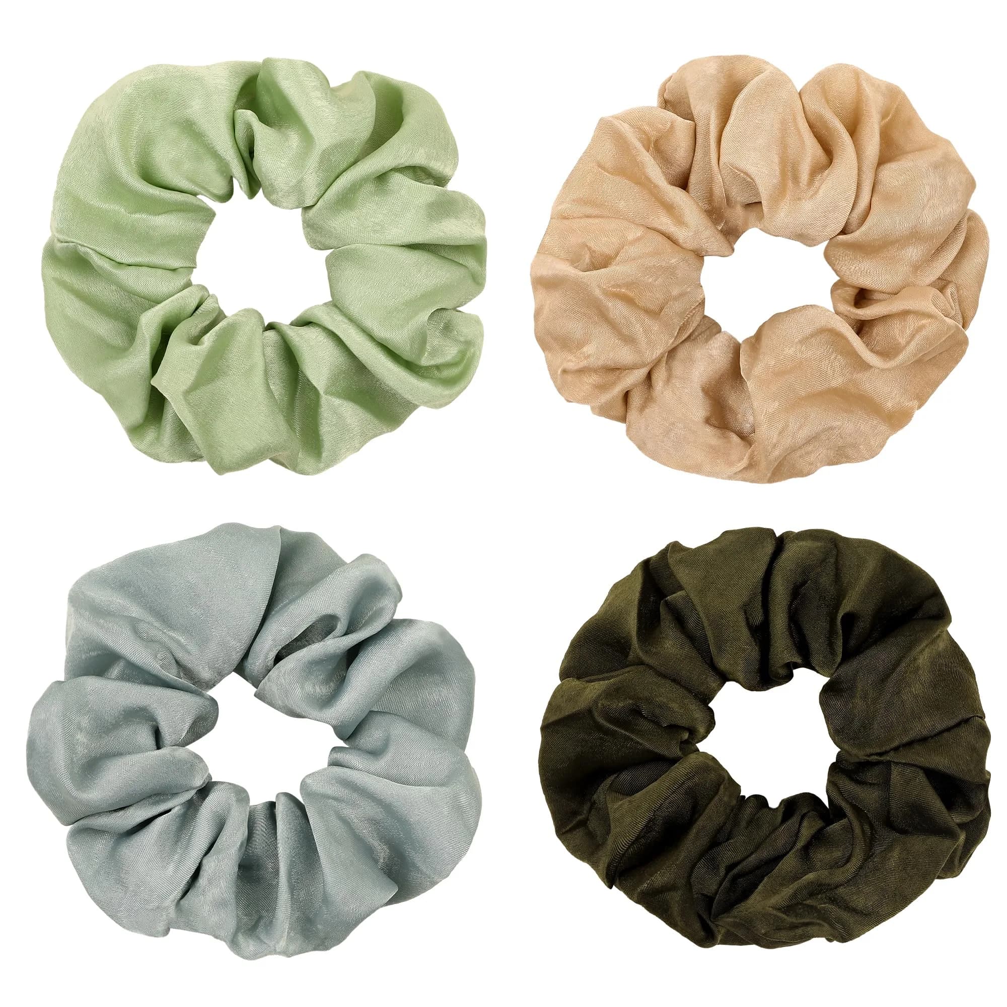 Ivyu Silk Satin Scrunchies for Women - 4-Pack, Gray Dark Green Light Green Beige | Gentle Hold for All Hair Types
