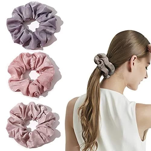 Ivyu Silk Satin Scrunchies - No Crease Hair Ties for Women, Thick Hair Ponytail Holders with Soft Elastic Bands (4 Count, Gray Pink Light Pink Light Purple) thumbnail 4