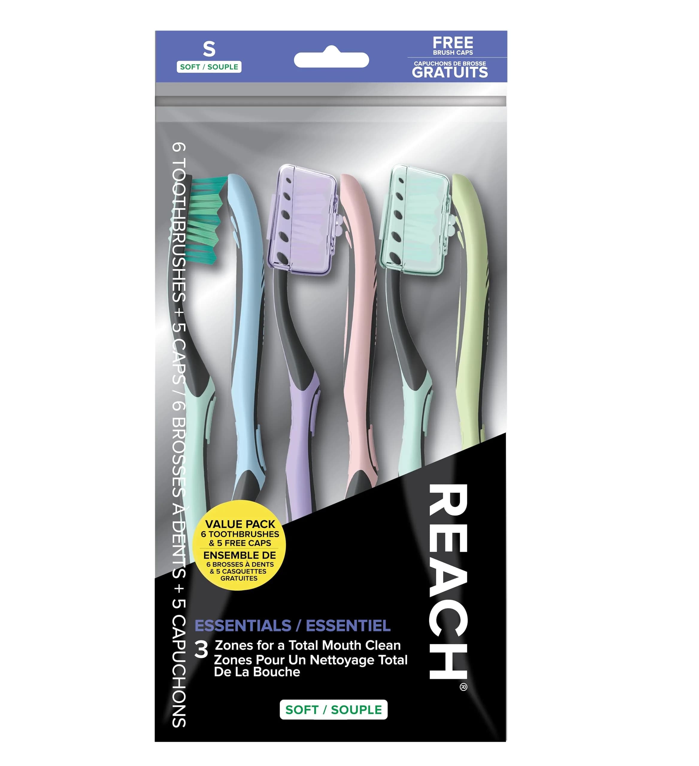 Reach Essentials Soft Toothbrushes with Toothbrush Caps, 6 Count | Bi-Level Bristles & Tongue Scraper - main product image