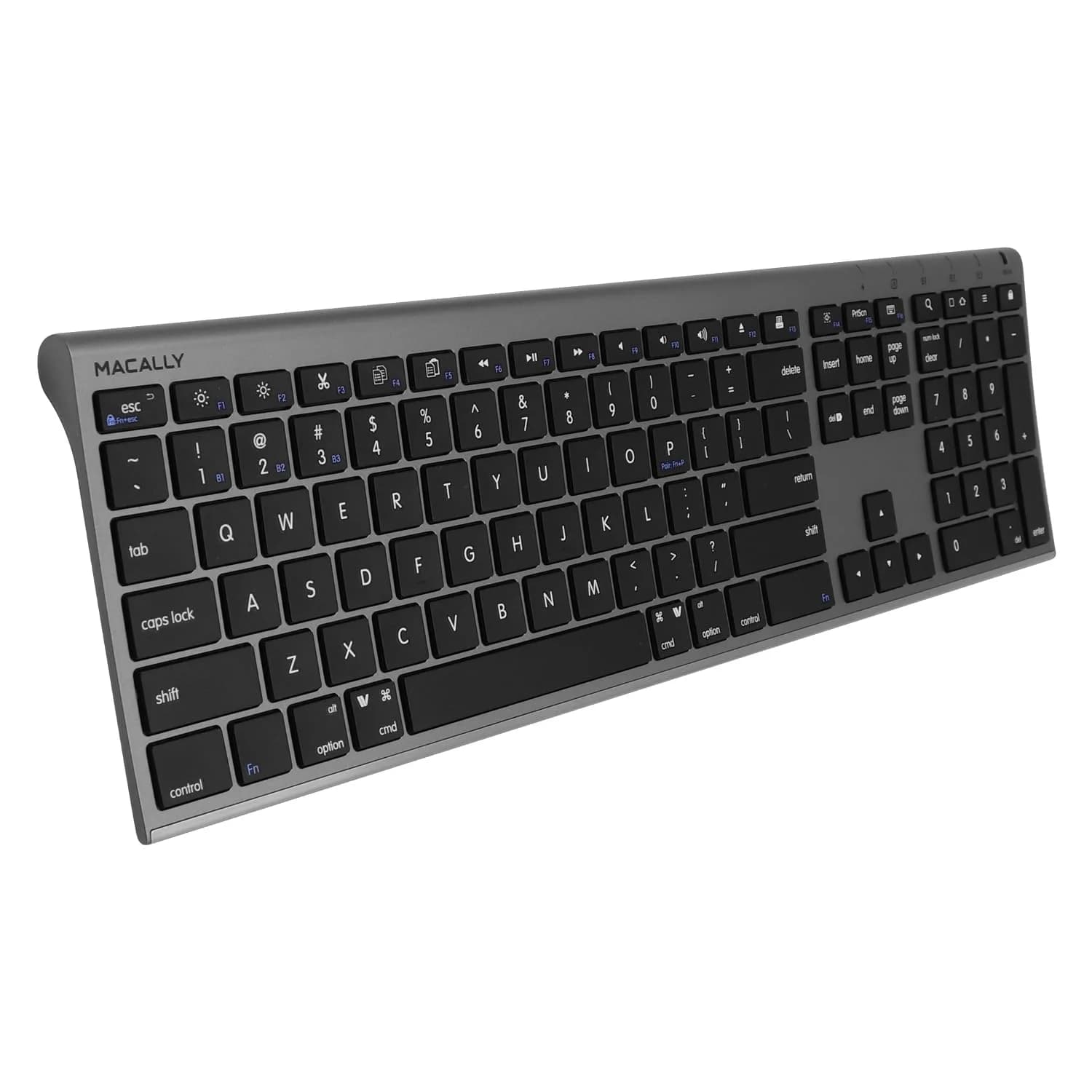 Macally ACEBTKEY Multi-Device Bluetooth Keyboard with Numeric Keypad - 110 Keys, 20 Shortcuts, Rechargeable, White — Space Gray
