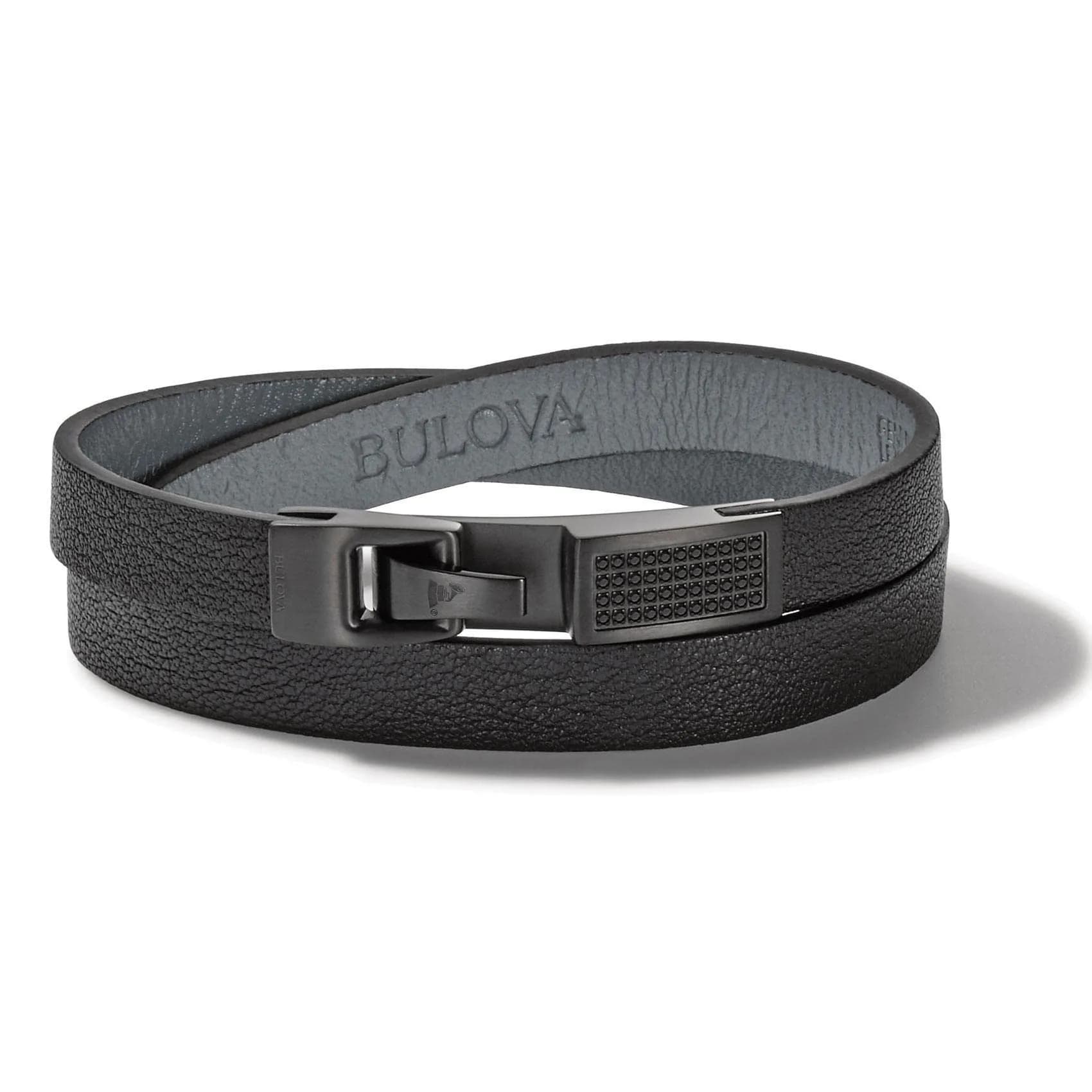 Bulova Men's Latin Grammy Double Wrap Black Leather Bracelet with Diamonds | Modern Sport Style (70-120 chars) — Black Diamonds / Large