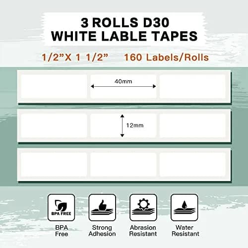Phomemo Labels-D30 Adhesive Thermal White Label Paper 12mm x 40mm | Water & Abrasion Resistant, BPA Free thumbnail 2