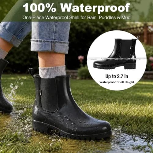 planone Women's Waterproof Chelsea Rain Boots | Black, Ankle-High, Slip-Resistant thumbnail 4