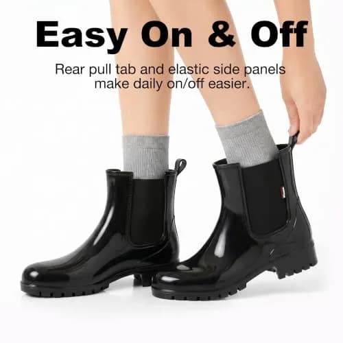 planone Women's Waterproof Chelsea Rain Boots | Black, Ankle-High, Slip-Resistant thumbnail 5