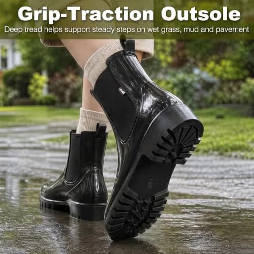 planone Women's Waterproof Chelsea Rain Boots | Black, Ankle-High, Slip-Resistant thumbnail 7