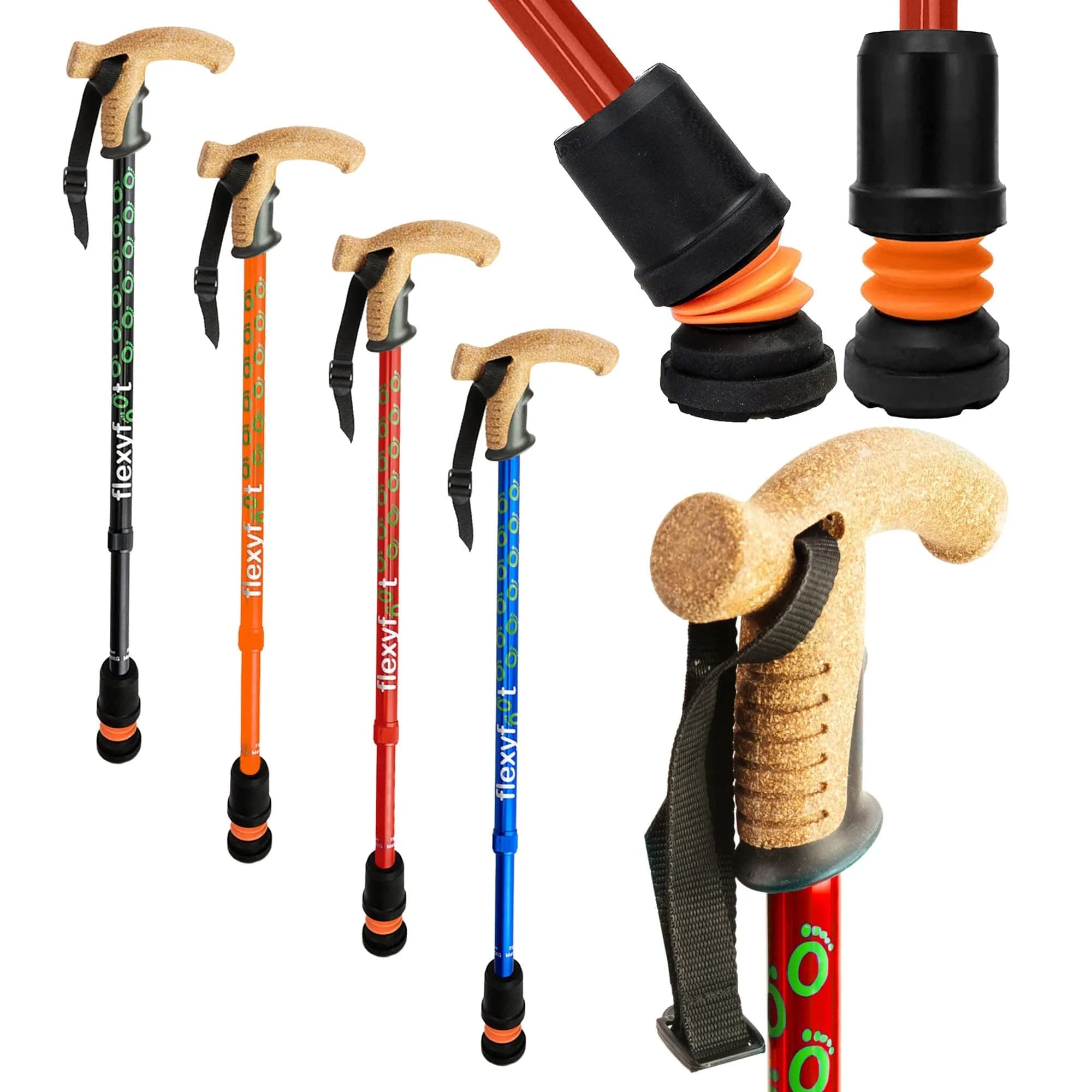 Flexyfoot Shock Absorbing Cork Handle Walking Stick – Improved Comfort, Grip & Safety, Height Adjustable, Orange - main product image