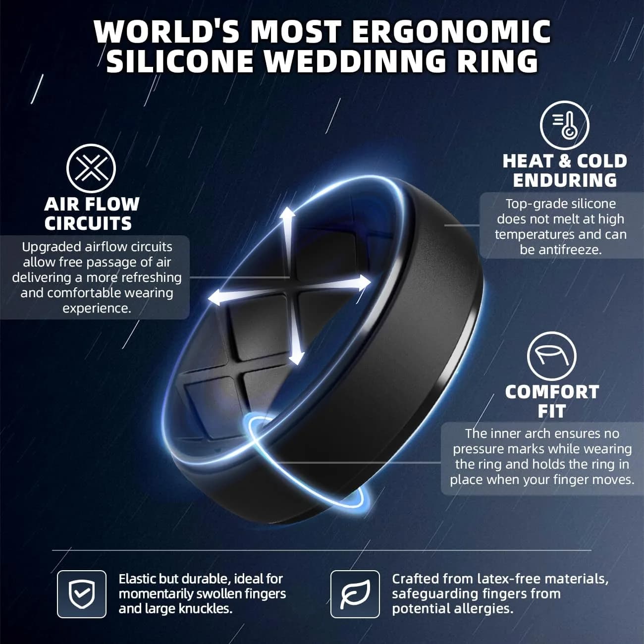 Egnaro Men's Silicone Wedding Ring Set Size 12 (10mm Wide, 2.5mm Thick) | Breathable Inner Arcs for Active Lifestyles — SETI-Black