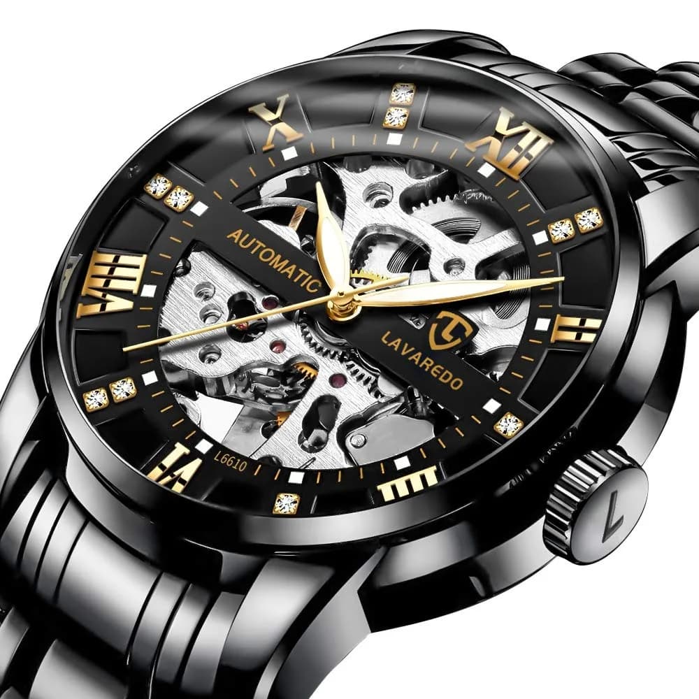 A ALPS Automatic Mechanical Watch for Men, 41mm Stainless Steel Skeleton Dial, 30M Water Resistant | Luxury Self-Winding Wristwatch — 01-AllBlack-YJ