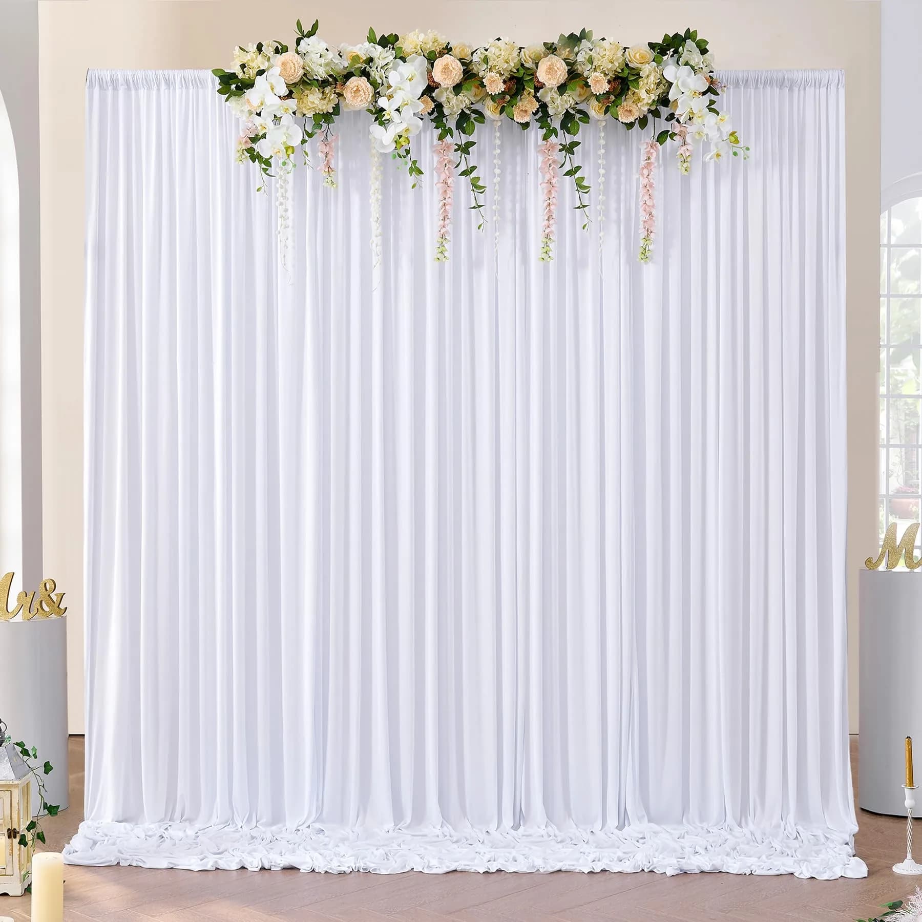 NSSONBEN 10x10 ft Wrinkle Free White Backdrop Curtains for Parties, Polyester Photo Backdrop Drapes 2 Panels 5x10ft for Wedding Birthday Party Photography Background Indoor Outdoor