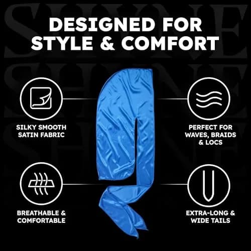 ShyneDurags Silky Durag - Blue | Perfect for Waves, Braids & Locs | Premium Silk Du Rags for Men & Women thumbnail 5