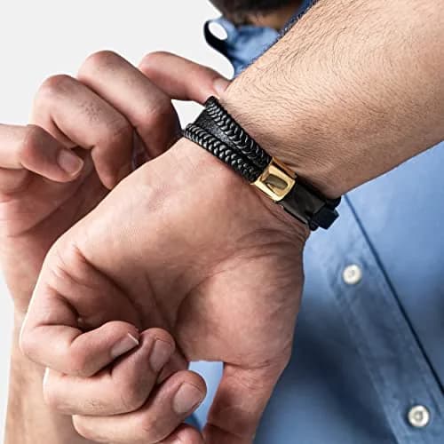 SERASAR Black Leather Men Bracelet with Gold Steel Accents & Magnetic Clasp, 17cm (6.75") | Braided Wrap Style thumbnail 5