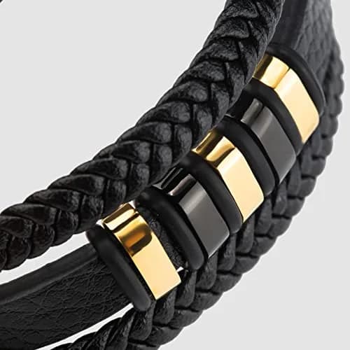 SERASAR Black Leather Men Bracelet with Gold Steel Accents & Magnetic Clasp, 17cm (6.75") | Braided Wrap Style thumbnail 8