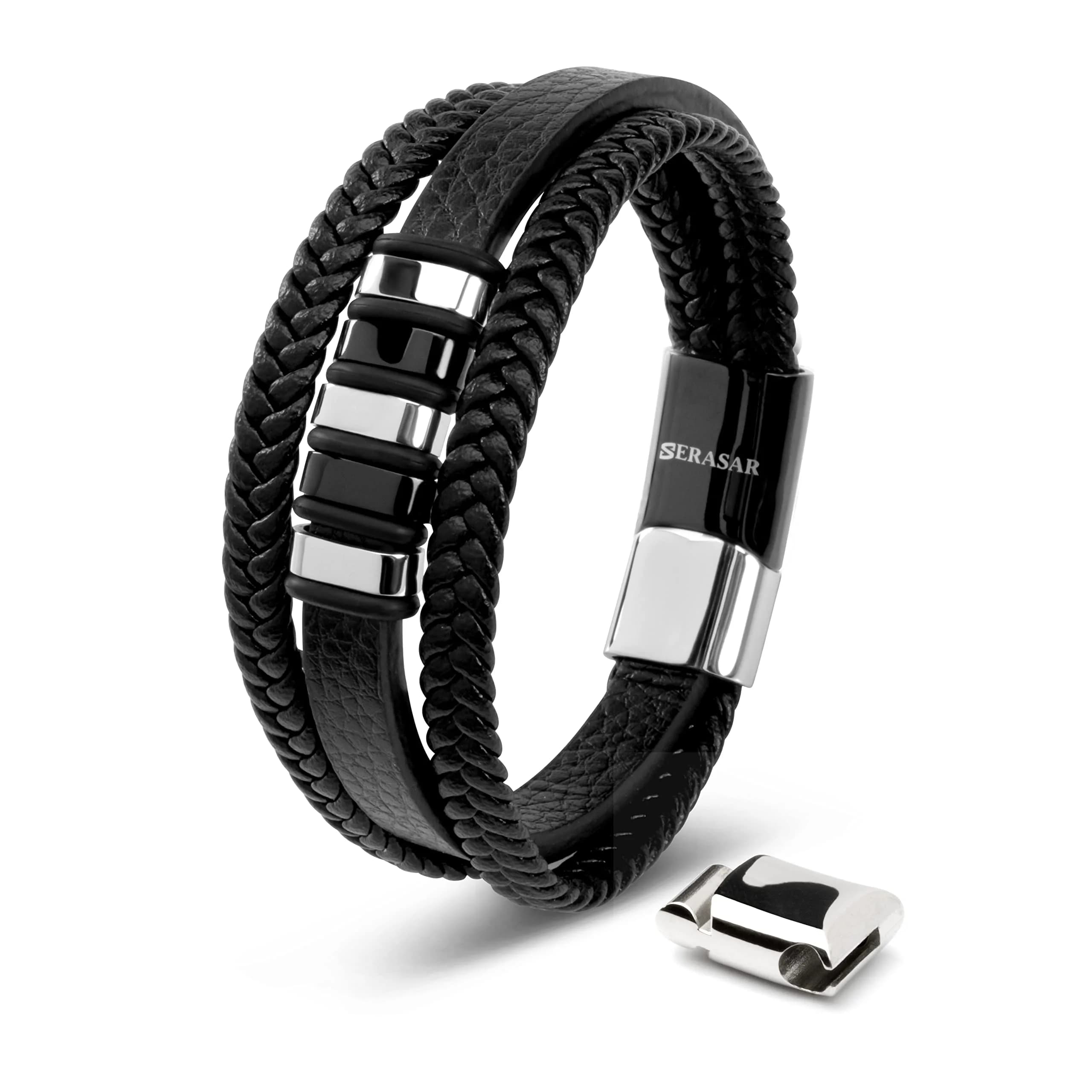 SERASAR Braided Leather Bracelet with Stainless Steel Clasp for Men | 17 cm (6.75 inch)