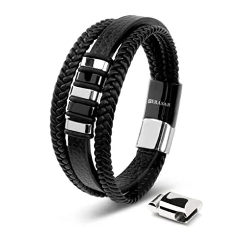SERASAR Braided Leather Bracelet with Stainless Steel Clasp for Men | 17 cm (6.75 inch) thumbnail 1