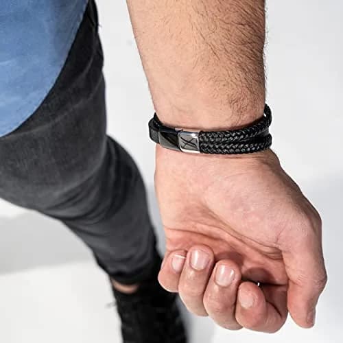 SERASAR Leather Men Bracelet Black Stainless Steel 9 inch | Magnetic Clasp, Braided Leather, Gift Box thumbnail 4