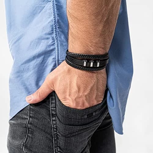 SERASAR Leather Men Bracelet Black Stainless Steel 9 inch | Magnetic Clasp, Braided Leather, Gift Box thumbnail 5