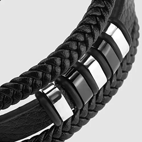 SERASAR Leather Men Bracelet Black Stainless Steel 9 inch | Magnetic Clasp, Braided Leather, Gift Box thumbnail 8