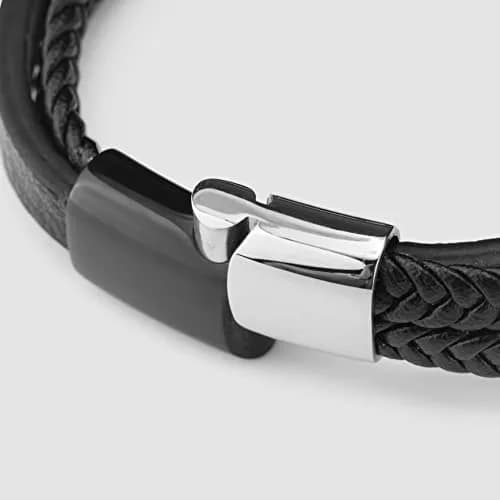 SERASAR Leather Men Bracelet Black Stainless Steel 9 inch | Magnetic Clasp, Braided Leather, Gift Box thumbnail 9