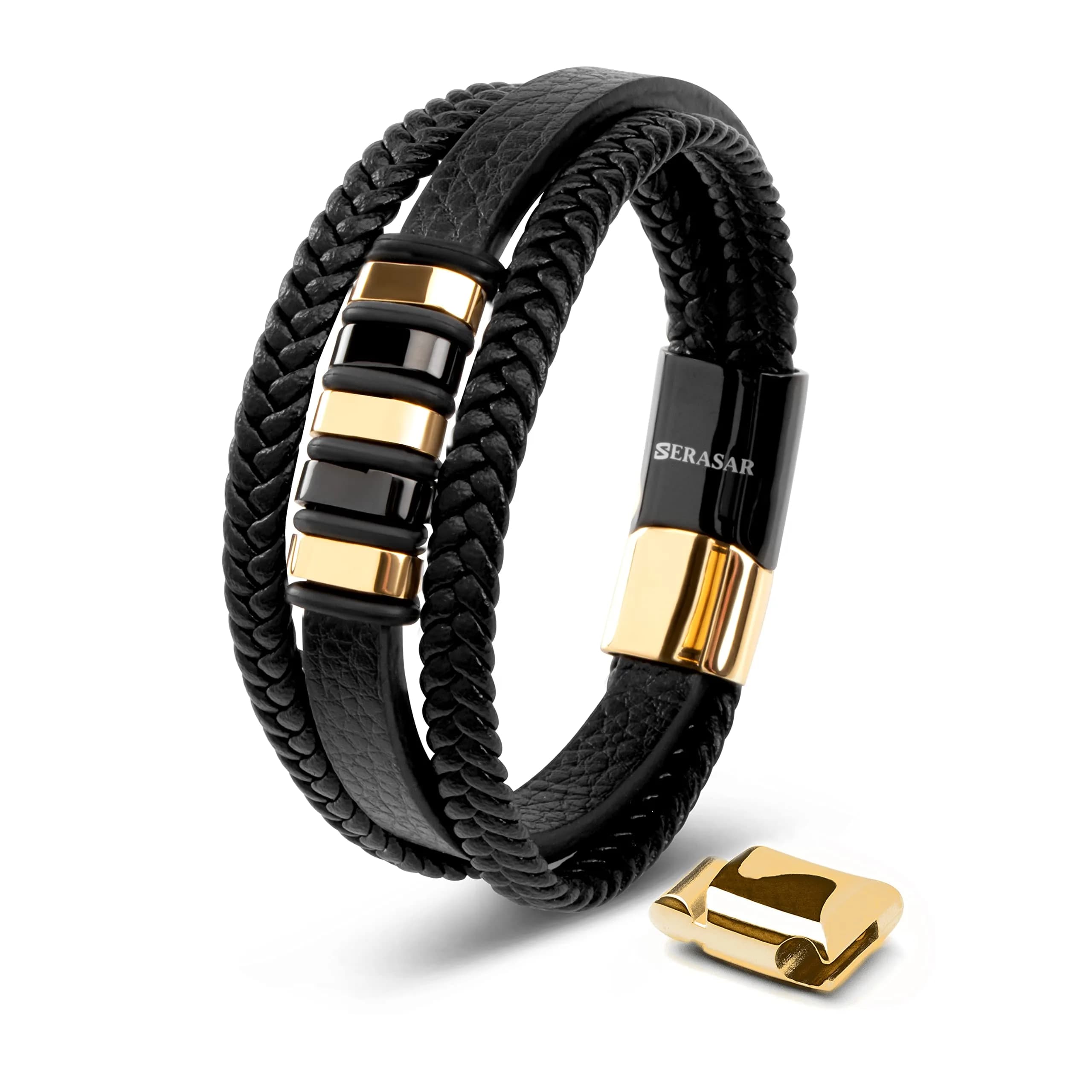 SERASAR Leather Men Bracelet Black Stainless Steel 23cm | Elegant, Durable & Gift-Ready