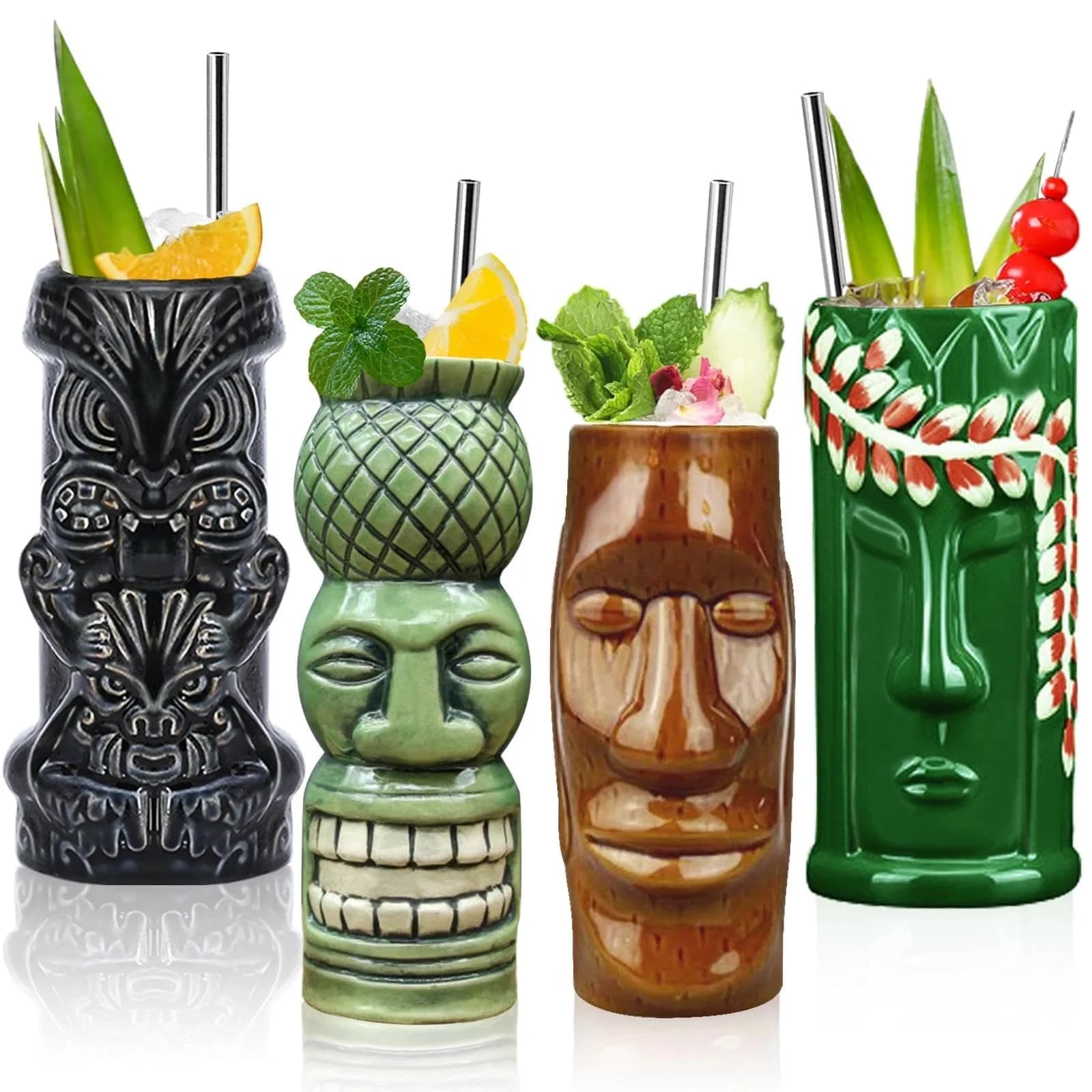 LINALL Tiki Mugs Cocktail Set of 4 | Large Ceramic Hawaiian Party Drinkware (4 pack) - main product image