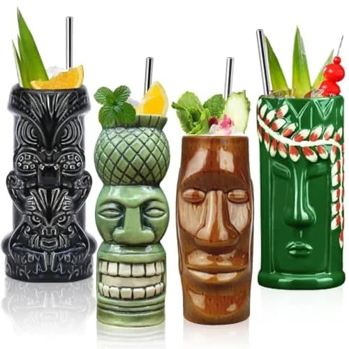 LINALL Tiki Mugs Cocktail Set of 4 | Large Ceramic Hawaiian Party Drinkware (4 pack) thumbnail 1