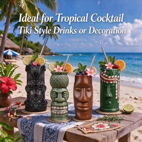 LINALL Tiki Mugs Cocktail Set of 4 | Large Ceramic Hawaiian Party Drinkware (4 pack) thumbnail 4