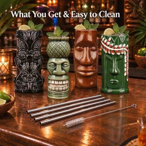 LINALL Tiki Mugs Cocktail Set of 4 | Large Ceramic Hawaiian Party Drinkware (4 pack) thumbnail 3