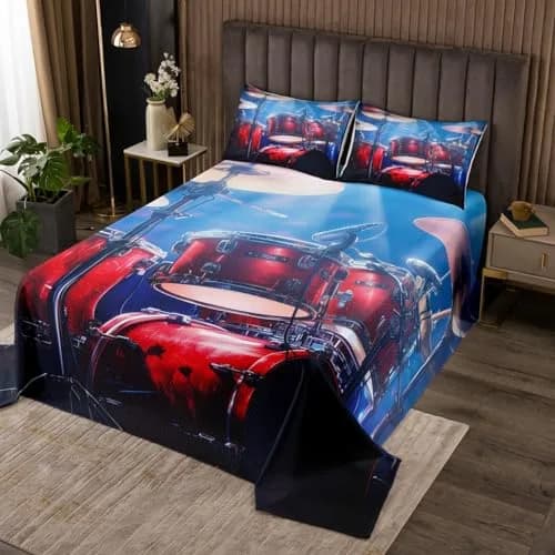 Manfei Rock Music Drum Kit Bedspread Queen Size 228.6cm x 228.6cm (90" x 90") | Oversized Quilted Coverlet Set with 2 Pillow Shams thumbnail 1