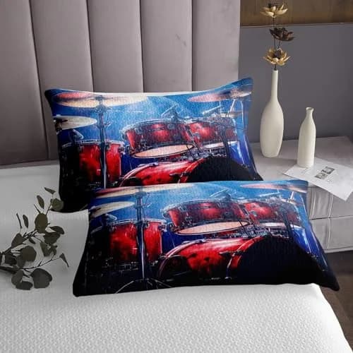 Manfei Rock Music Drum Kit Bedspread Queen Size 228.6cm x 228.6cm (90" x 90") | Oversized Quilted Coverlet Set with 2 Pillow Shams thumbnail 3