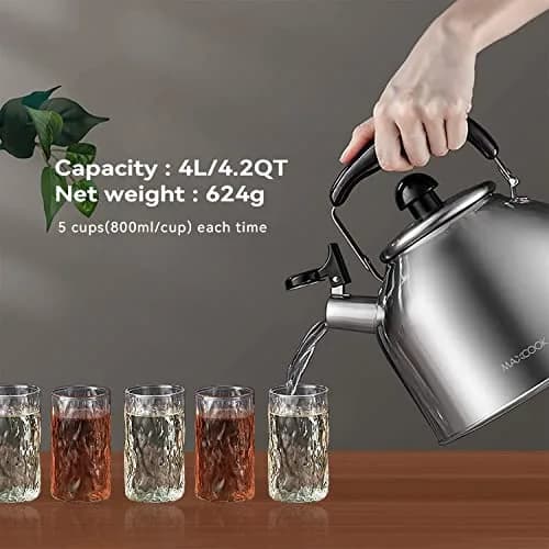 MAXCOOK 4.2 Quart/4L Stainless Steel Whistling Tea Kettle | Induction Compatible, Brushed Satin Finish thumbnail 3