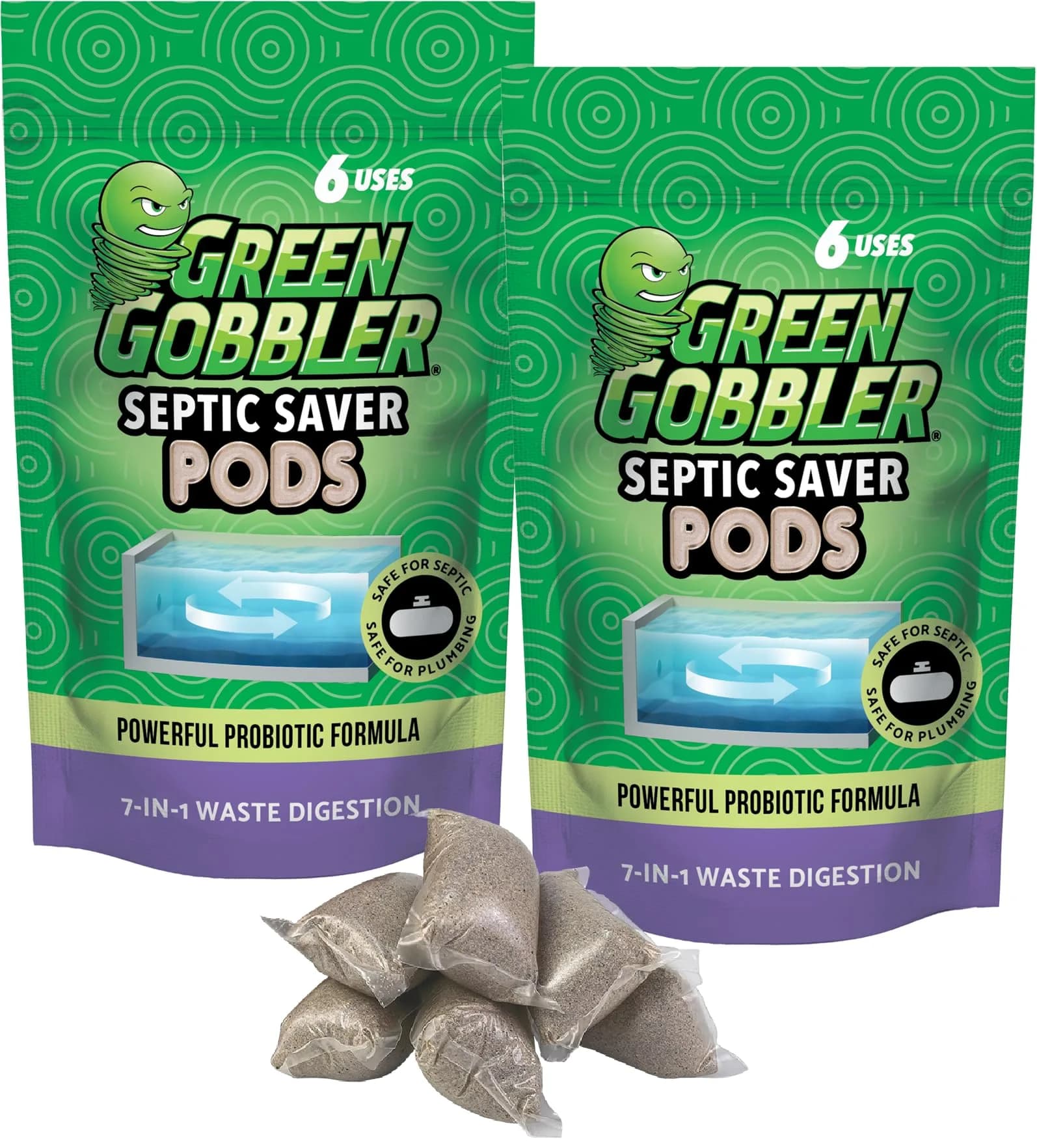 Green Gobbler Septic Tank Enzyme Treatment Packets | 6-Month Supply for Septic Care — 12 Pods