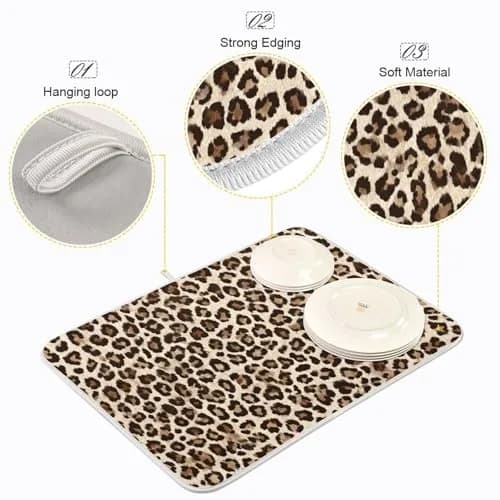 Kcldeci Leopard Print Dish Drying Mat 18x24 inch | Microfiber & Foam Absorbs Moisture thumbnail 4