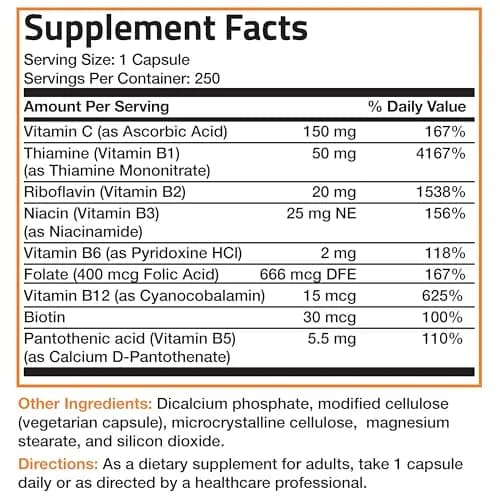 Bronson Vitamin B Complex with Vitamin C Vegetarian Capsules, 250 Count | Supports Energy & Immunity thumbnail 8
