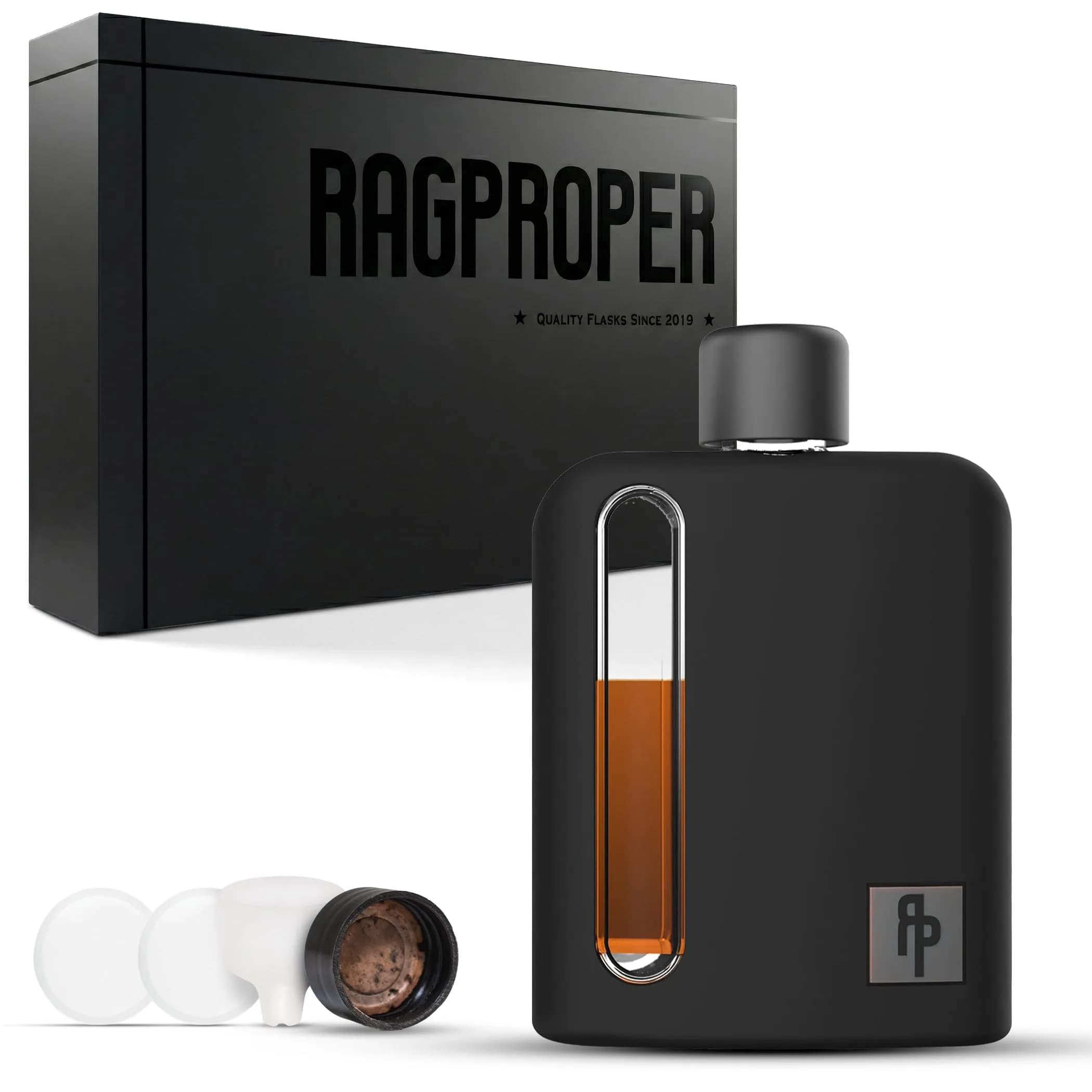Ragproper Glass Hip Flask 100ml (3.4oz) Black | Patented Leakproof Design for Whiskey & Spirits