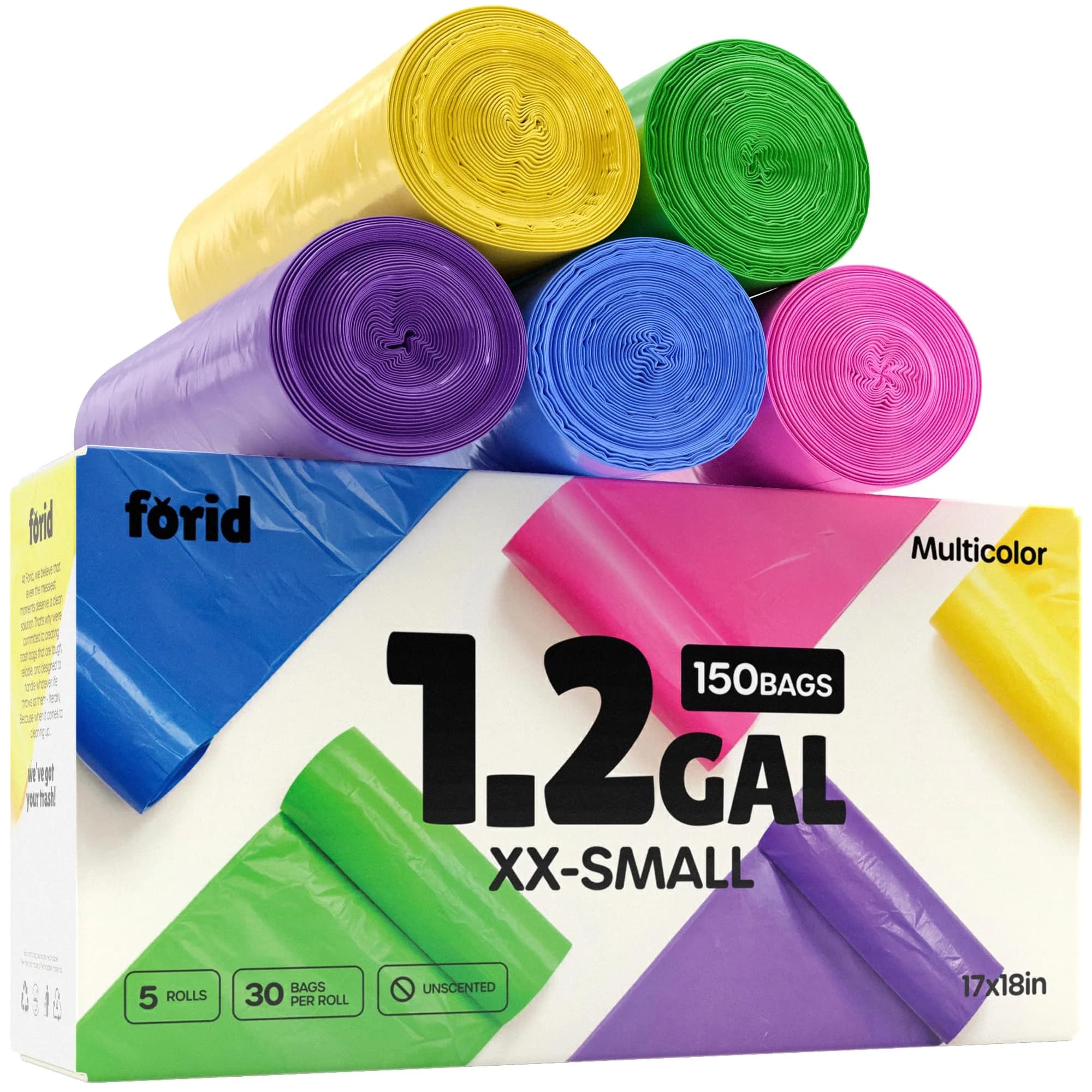 FORID 1.2 Gallon Colored Trash Bags | Extra Thick, Odorless, Strong Plastic Wastebasket Liners for Bathroom, Bedroom, Office & Car (150 Bags)