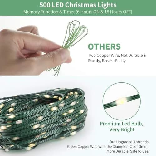 Tcamp 164ft 500 LED Warm White Christmas Tree Lights | 50m Green Wire Starry Fairy String Lights for Outdoor Indoor Decor thumbnail 3