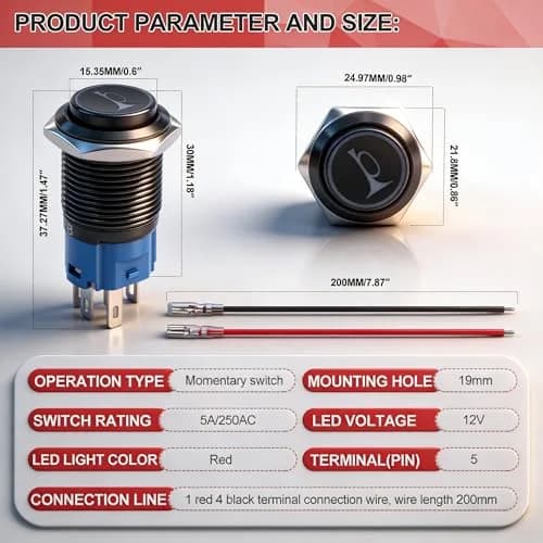 Twidec 19MM Push Button Switch 12V Red LED | Waterproof Metal Shell, Car & Vehicle Use thumbnail 3